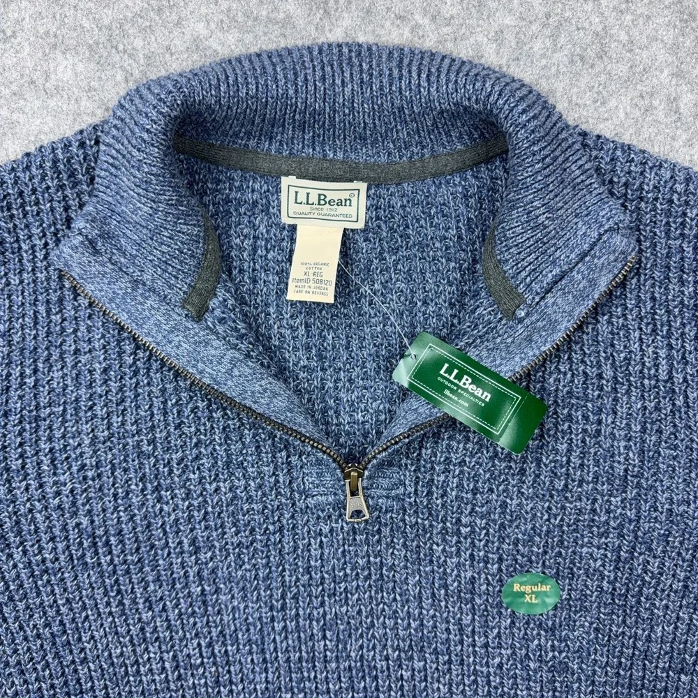 LL Bean Sweater Mens XL Indigo Blue‎ Organic Cotton Waffle Knit 1/4 Zip Mock NEW